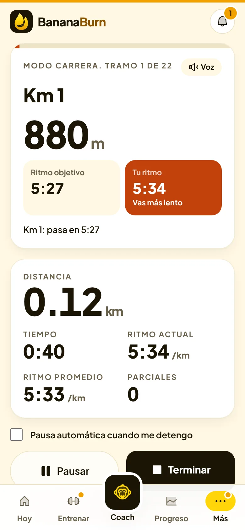 Modo carrera: kilómetro 1, ritmo objetivo 5:27 y tu ritmo actual