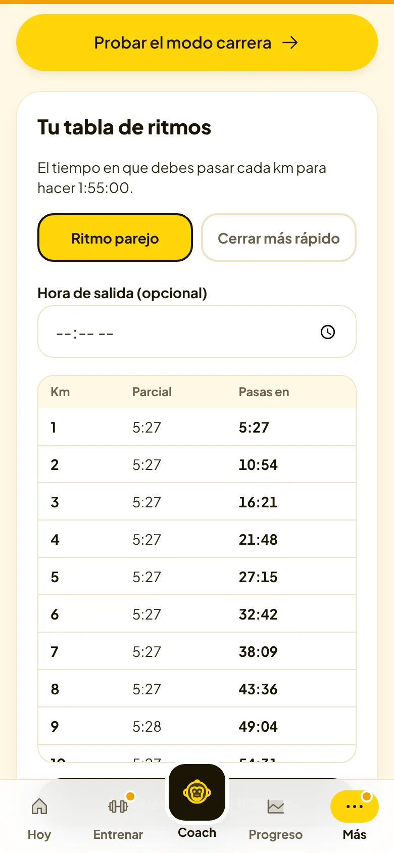 Tu tabla de ritmos para el día de la carrera