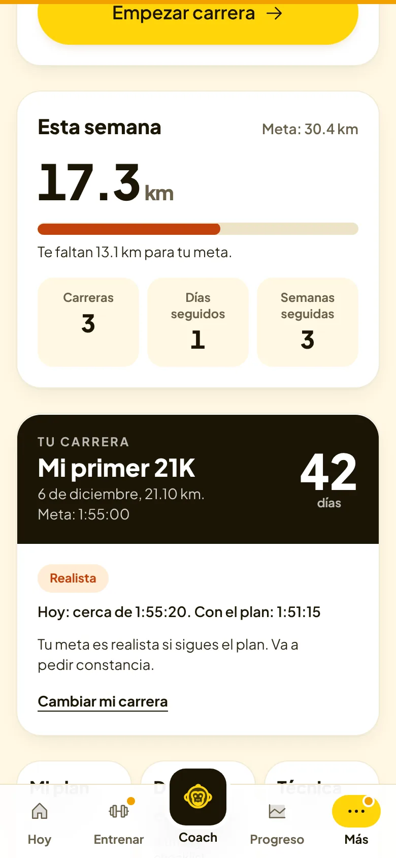 Tu semana: km contra tu meta, rachas y la cuenta regresiva a tu carrera